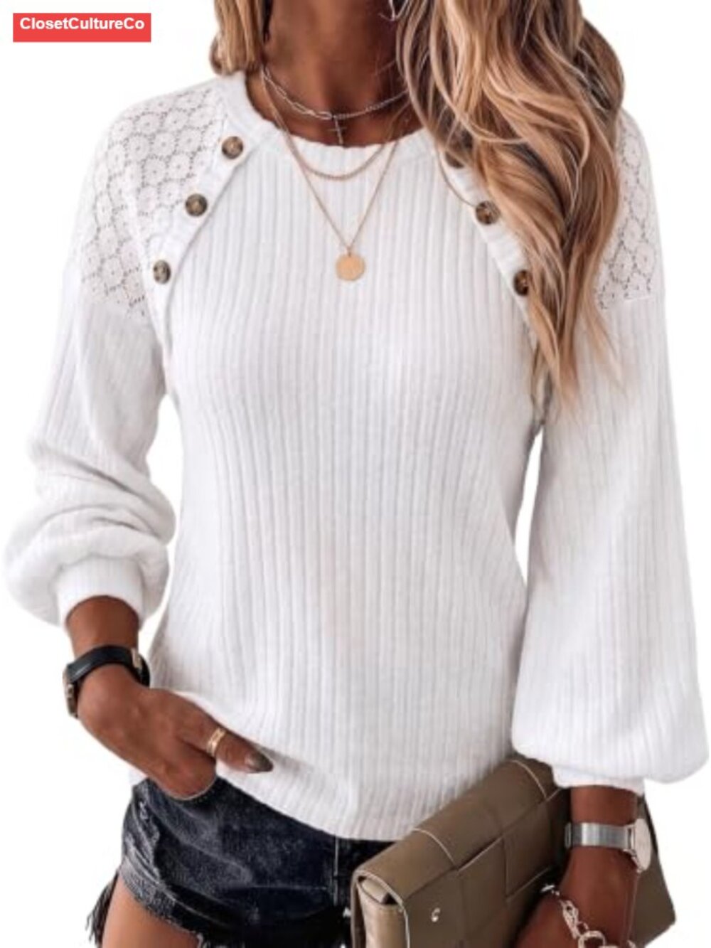 Women's Knitted Pullover Sweater Long Sleeve Crew Neck Button Tunic Top